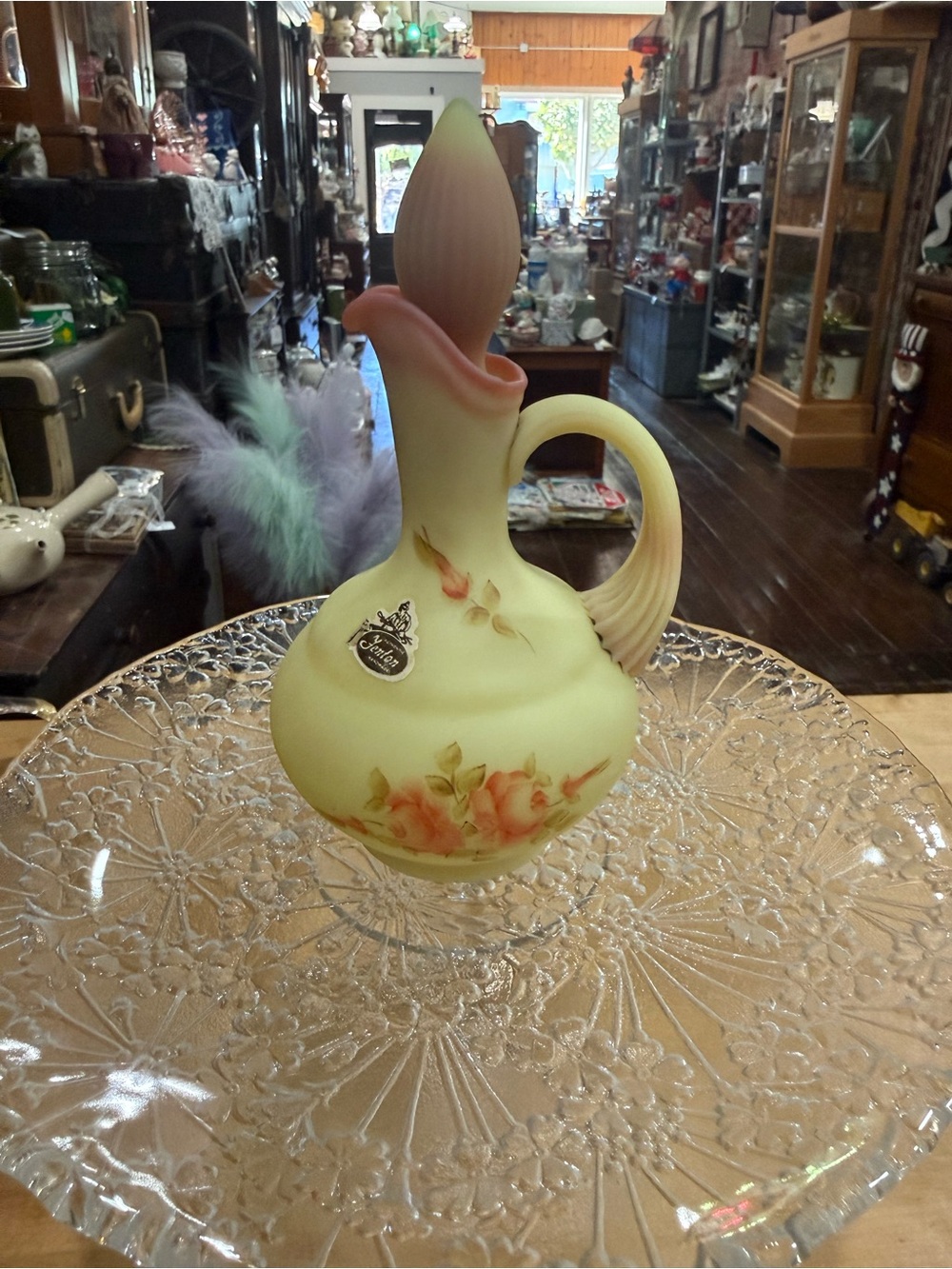 Hand-Painted Custard Floral Ewer Fenton Burmese